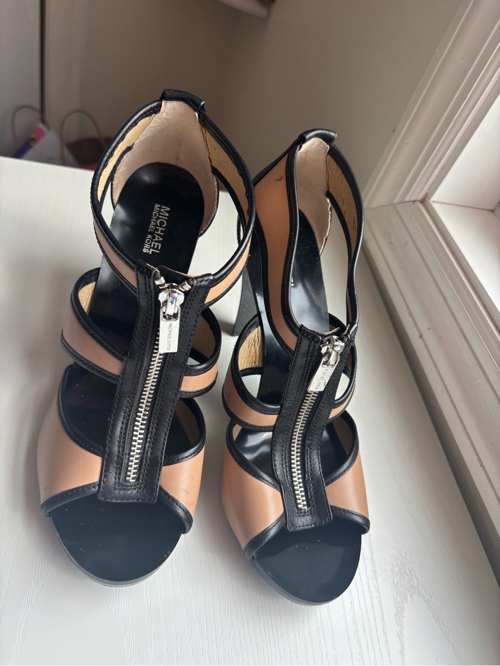 MICHAEL Michael Kors Black and Tan Zip-Front Strappy Heels